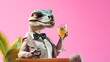 Happy Dinosaur enjoying and having a cocktail at party, Isolated background, Creative Concept, Copy Space