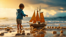 Small Child Standing On The Beach With A Toy Boat Generative AI
