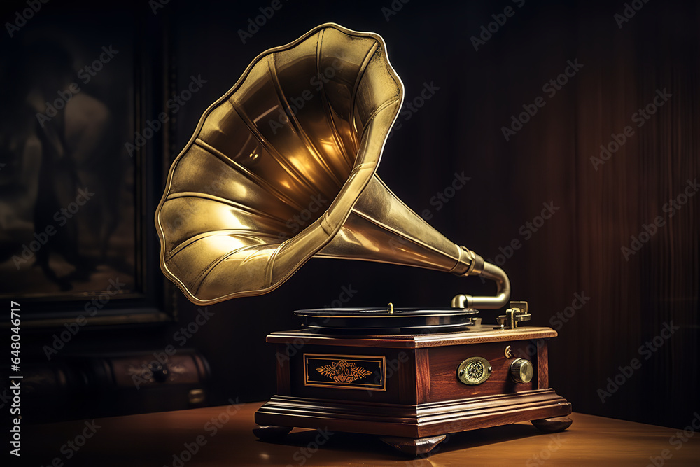On an antique wooden table, a vintage gramophone with a shining golden ...