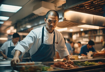 Wall Mural - Chef preparing food, Busy Japanese restaurant, Staff in motion.