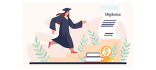 Woman Finishing University And Getting Diploma. Student Climbs Pedestal To Receive Diploma. Academician Celebrating Graduation. Flat Vector Illustration In Cartoon Style