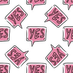 Doodle-style Yes word text on talk shape seamless pattern. Doodle Speech Bubble. Vector illustration.