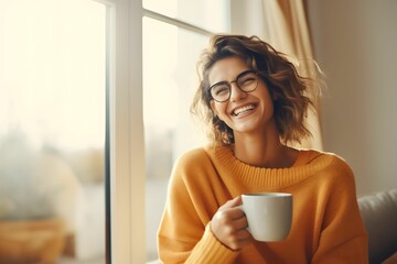 Portrait of cheerful young woman enjoying a cup of coffee at home. Smiles pretty girl drinking hot tea in winter. Excited woman with glasses and sweater and laughing on autumn day. 