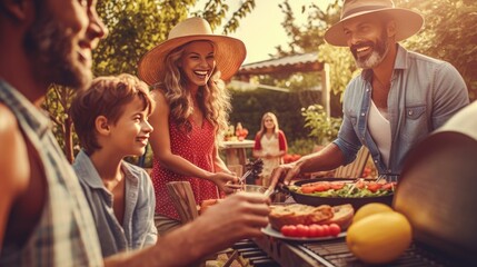 Wall Mural - Group of people is enjoying socializing in the backyard