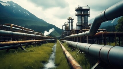 Poster - Valves and pipeline system of industrial zone, Steel pipeline and valves at factory.