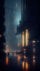 Wall Mural - Cyberpunk background blurred city scene in matrix. AI render