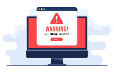 Exclamation point icon on computer screen, System error, System security warning alert, Cybercrime, Vulnerability, Computer virus, Ransomware, or bug, Critical error, Malware, Technical error, Hack