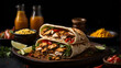chicken shawarma portion on the table with condiments. black background.