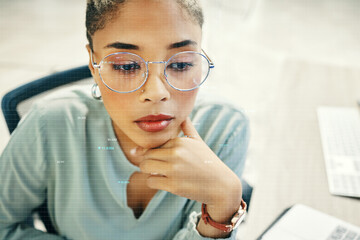 Poster - Overlay, stock market and face of business woman reading company metrics, banking numbers or accounting info. Investment price, administration data analysis and professional person monitor statistics