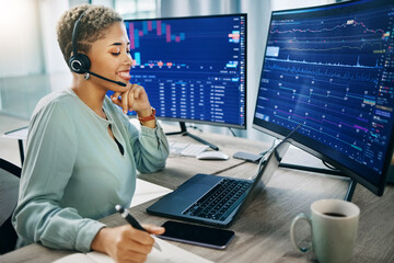 Poster - Happy woman, call center and broker in customer service, stock market or trading consultant at office. Female person, trader or agent with headphones smile for financial advice or help at workplace