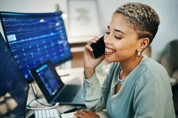 Aufkleber - Financial, advice and phone call for business woman in office with investment, help or success.Trading, exchange and female broker with smartphone, conversation and smile for economy news or growth