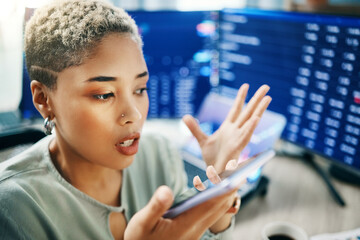Poster - Frustrated woman, phone and speaker in trading, fail or mistake from stock market crash at office. Broker in debt, stress or anxiety talking or recording voice note on smartphone after bad investment