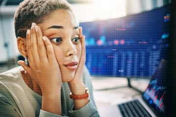 Poster - Business woman, stress and shocked for stock market crash, trading mistake and bankruptcy on computer. African trader with statistics, data analytics error and cryptocurrency crisis or financial fail