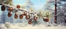 Snowy Christmas Winter Holiday Festivity Card . Closeup Of Pine Branch Adorned With Pinecones And Snow, Soft Focused. Hazy Backdrop Of Blue Sky.