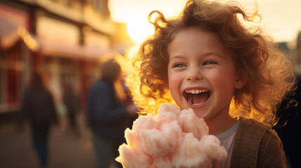 Wall Mural - Happy child face portrait with pink cotton candy floss in hands and warm sunset light