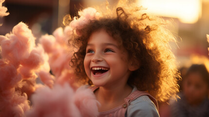 Wall Mural - Happy child face portrait with pink cotton candy floss in hands and warm sunset light