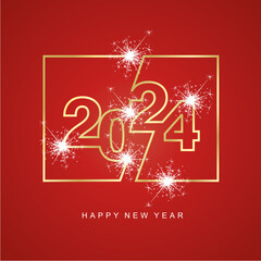 Sticker - 2024 continuous golden line shape typography logo emblem design concept with light sparkle firework on red background