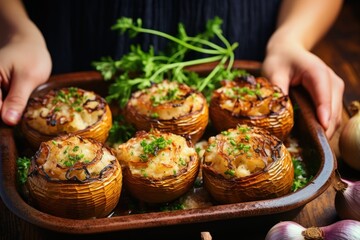 Wall Mural - Person Holding Tray of Baked Potatoes