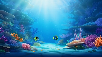 Wall Mural - Submerged coral reef scene foundation within the profound blue sea with colorful angle and marine life