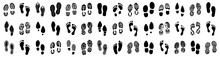 Set Of Human Footprints Icon. Foot Imprint, Footsteps Icon Collection. Human Footprints Silhouette. Barefoot, Sneaker And Shoes Footstep Icons