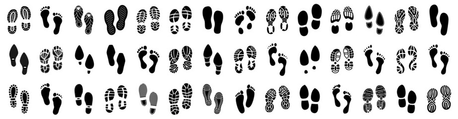 Set of human footprints icon. Foot imprint, footsteps icon collection. Human footprints silhouette. Barefoot, sneaker and shoes footstep icons