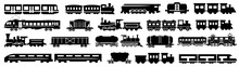 Freight Train With Locomotive, Passenger Train Icons Collection. Black Silhouette Of Freight Trains Collection. Set Of Railway Transport. Black Wagon And Locomotive