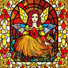 Cute stained glass fairy girl with golden fall season colors including shades of orange, brown, yellow and gold