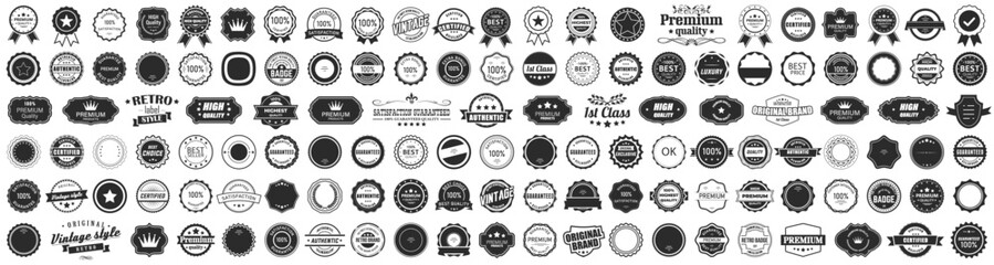 Poster - Big set of black premium quality badges. Premium quality, guaranteed, certified sticker tag collection. Vintage black badge label for marketing. Retro stamp collection