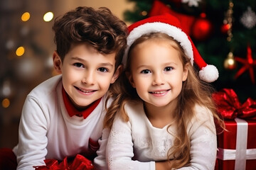 Wall Mural - happy children sitting by the Christmas tree in the living room smiling.