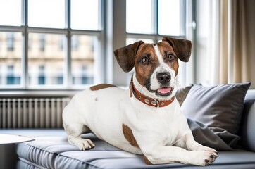 Cute happy domestic puppy at home