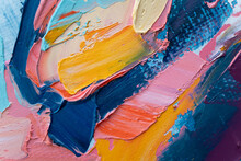 Closeup Of Abstract Rough Colorful Art Painting Texture, With Oil Brushstroke, Pallet Knife Paint On Canvas, Complementary Colors.