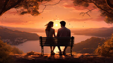 Beautiful Illustration Of A Romantic Couple Sitting On A Bench On A Top Of A Hill At Sunset Generative AI