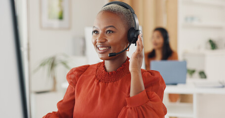 Poster - Call center, black woman and communication at computer in office for CRM questions, FAQ contact and IT support. Happy telemarketing agent at desktop for sales advisory, telecom solution or consulting