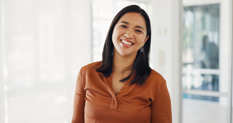 Wall Mural - Portrait, smile and Asian business woman in office, startup company and workplace for career or job. Face, creative designer and happy professional worker, female employee or entrepreneur in Cambodia