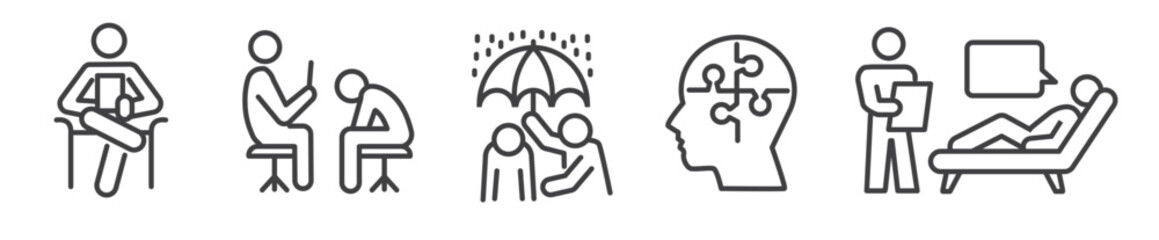 Wall Mural - therapy, counseling, psychologist and mental health - thin line icon collection on white background - vector illustration