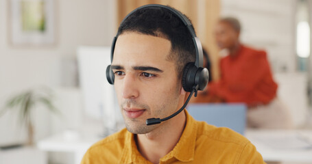 Call center, consultant and face of man in office for CRM questions, FAQ contact and IT support. Telemarketing agent with microphone for sales advisory, telecom solution or offer service at help desk