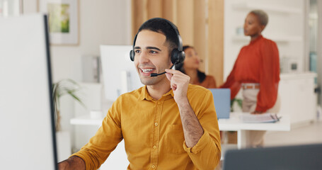 Poster - Call center, man and communication at computer in office for CRM questions, FAQ contact and IT support. Happy telemarketing agent at desktop for sales advisory, telecom solution and consulting client