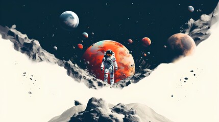 Wall Mural - conceptual collage depicting space exploration. astronaut standing in full gear, with the moon loomi