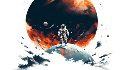 Wall Mural - conceptual collage depicting space exploration. astronaut standing in full gear, with the moon loomi