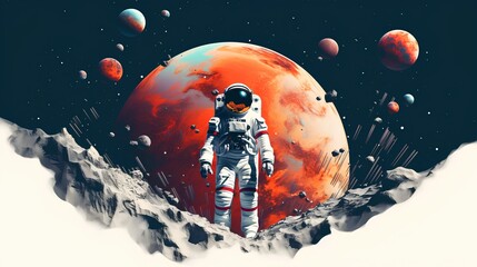 Wall Mural - conceptual collage depicting space exploration. astronaut standing in full gear, with the moon loomi