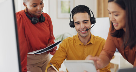 Poster - Call center, team and smile with tablet in office for CRM update, planning FAQ and IT support. Happy telemarketing group, digital technology and discussion of sales advice, telecom software and help