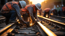Railway Workers Performing Maintenance Tasks On Train Tracks.