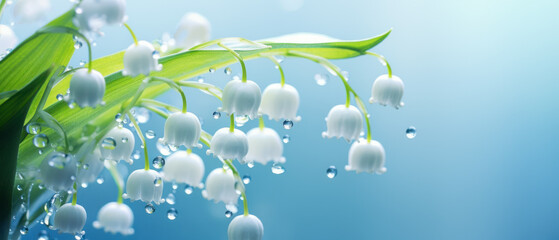 close-up of lily of the valley (convallaria) flowers with dewdrops. soft pale blue background
