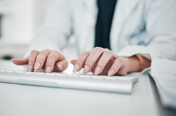 Aufkleber - Keyboard, person hands and typing closeup with manicure, hospital and clinic work at computer and desk. Medical research, working and professional report with email and online for work and doctor job