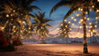 a nice warm evening at the sea, palm trees decorated in garlands for the holiday