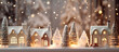 Christmas decorations on the window sill, houses and trees in snow and houses with garlands