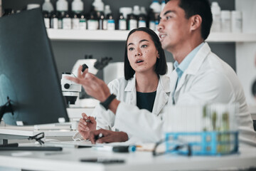 Wall Mural - Scientist, teamwork and computer, healthcare analysis or laboratory report, research and training support. Science or medical people talking of vaccine solution, advice and desktop for online results