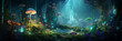 Fantasy world panorama banner with a mushroom on another planet with alien plants and forest