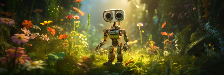 Fantasy world panorama banner with a little robot on another planet with alien plants and forest