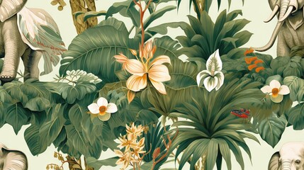   a painting of a jungle scene with elephants, flowers, and plants.  generative ai